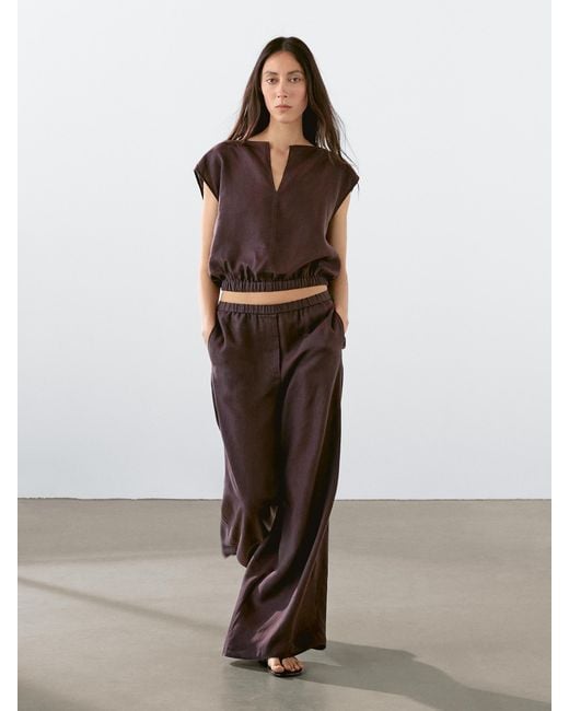 MASSIMO DUTTI Brown Straight-Fit Linen Trousers With An Elasticated Waistband