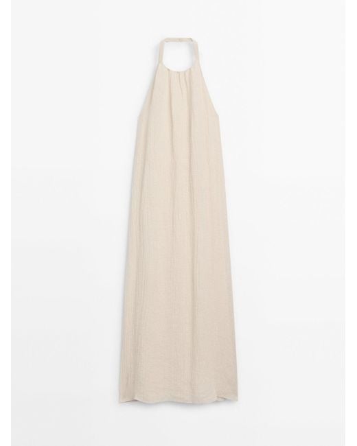 MASSIMO DUTTI Natural Long Linen Halterneck Dress