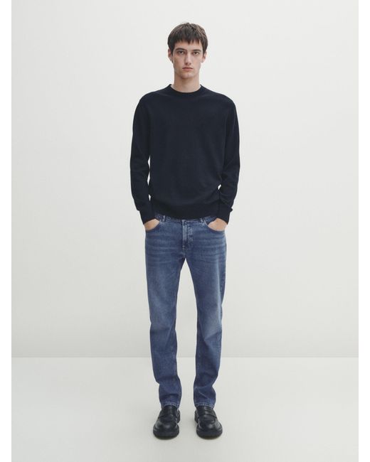 MASSIMO DUTTI Blue Wool Blend Knit Sweater With Crew Neck for men