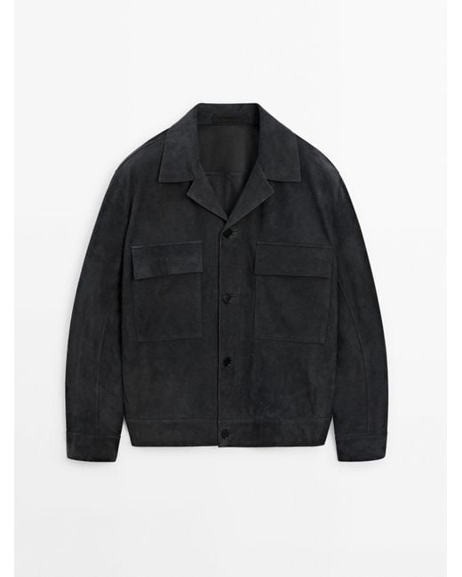 MASSIMO DUTTI Black Suede Leather Jacket With Pockets for men