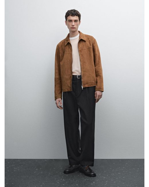 MASSIMO DUTTI Brown Suede Leather Zip-Up Jacket for men