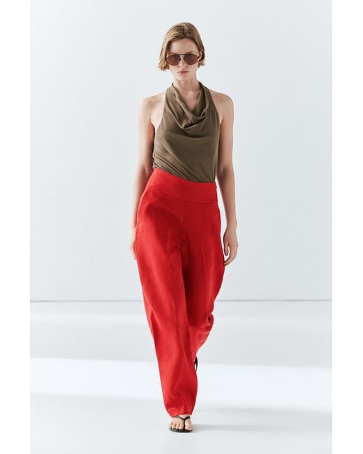 MASSIMO DUTTI Red Voluminous Linen Pants