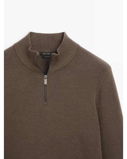 MASSIMO DUTTI Brown Mock Neck Knit Sweater With A Zip for men