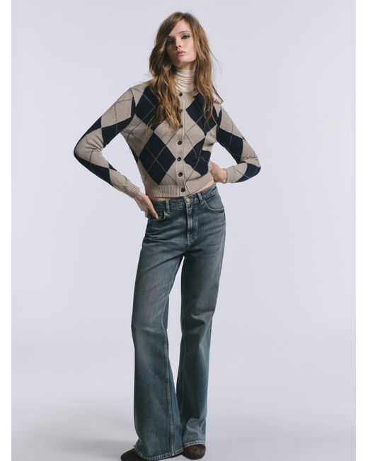 MASSIMO DUTTI Blue Cotton Blend Argyle Knit Cardigan