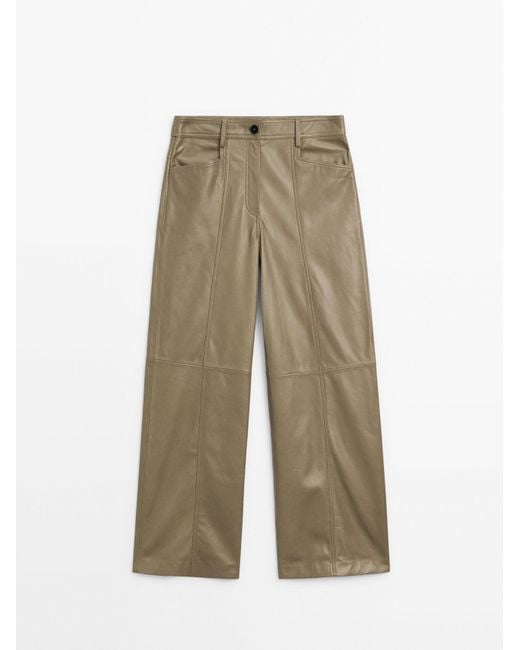 MASSIMO DUTTI Green Wide-Leg Nappa Leather Trousers With Seam Detail