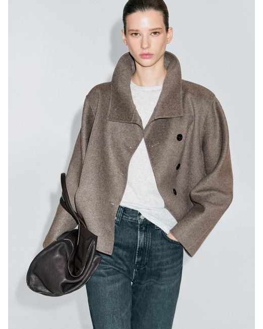 MASSIMO DUTTI Gray Short High Neck Wool Blend Coat
