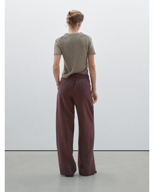 MASSIMO DUTTI Brown 100% Linen Wide-Leg Elastic Detail Trousers
