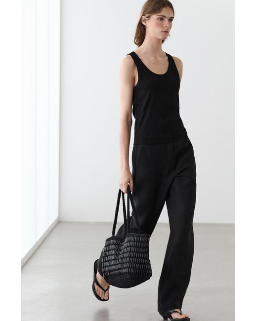 MASSIMO DUTTI Black Flowing Straight-Leg Linen Trousers