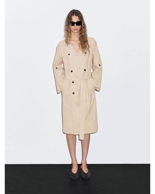 Vestido Midi Camisero Tipo Gabardina MASSIMO DUTTI de color White