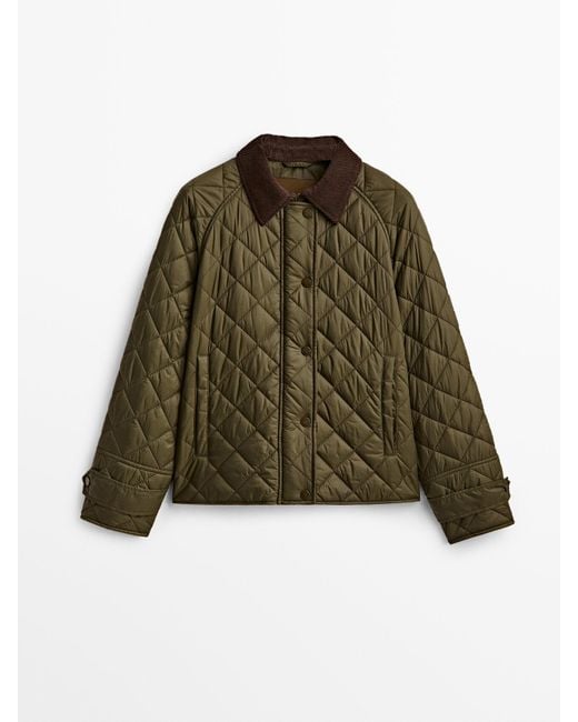 MASSIMO DUTTI Green Short Quilted Jacket With A Corduroy Collar