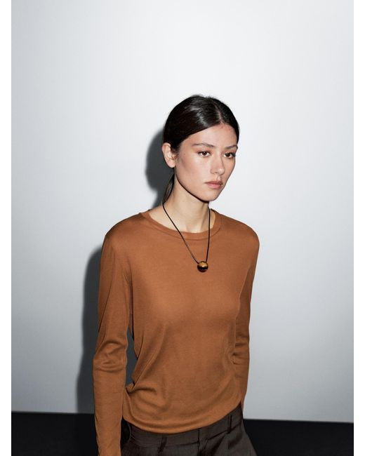 MASSIMO DUTTI Brown 100% Cotton Semi-Sheer T-Shirt With Collar Detail