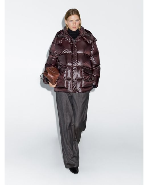 MASSIMO DUTTI Red Short Water-Repellent Puffer Jacket With Hood