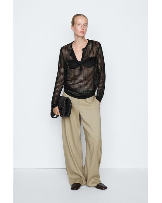 MASSIMO DUTTI Black Cutwork Knit Button-Up Sweater
