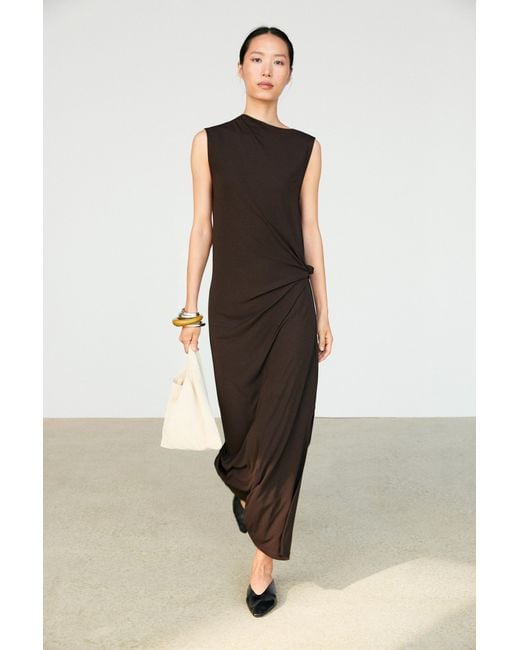 MASSIMO DUTTI Natural Asymmetric Ruched Midi Dress