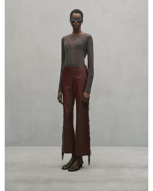 MASSIMO DUTTI Gray Leather Trousers With Fringe Detail