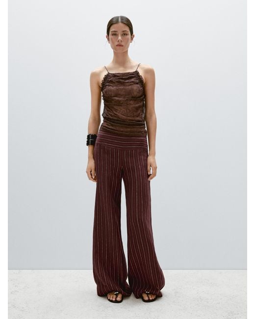 MASSIMO DUTTI Brown High-Waist Wide-Leg Linen Trousers