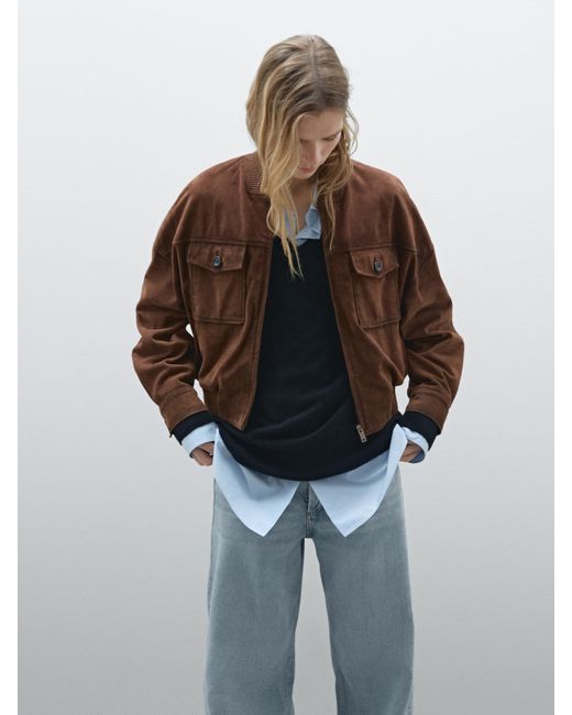 MASSIMO DUTTI Brown Suede Leather Bomber Jacket With Pockets