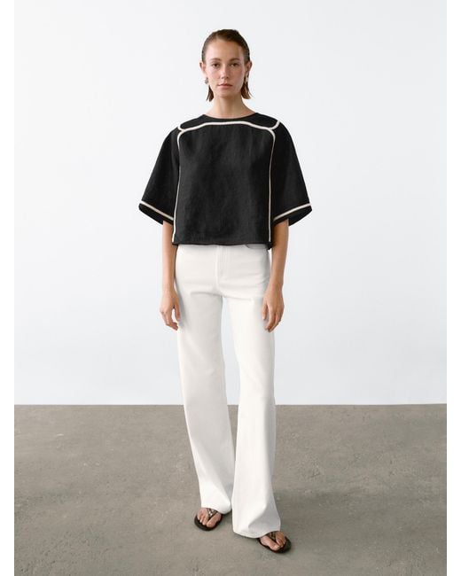 MASSIMO DUTTI Black Blouse With Contrast Embroidery