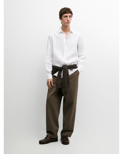 MASSIMO DUTTI White Extra Fine Regular Fit Linen Shirt for men