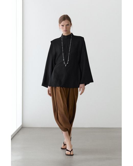 MASSIMO DUTTI Black Mock Neck Shirt With Tie Detail