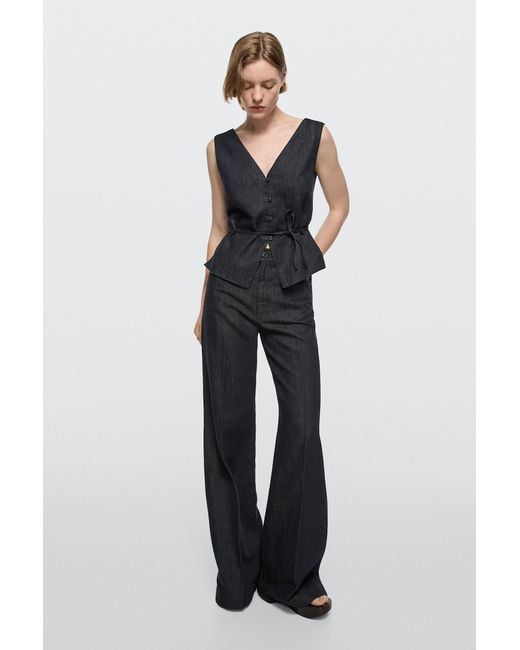MASSIMO DUTTI Blue High-Waist Palazzo Denim Pants Co-Ord