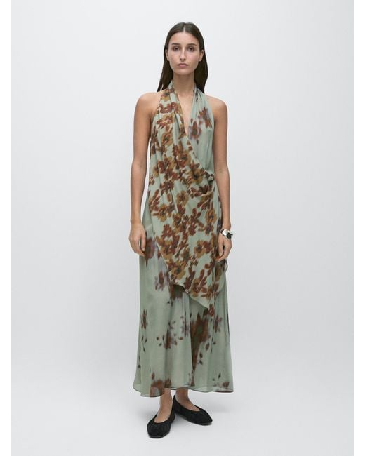 massimo dutti halter neck dress Printed Midi in White SALEFEED
