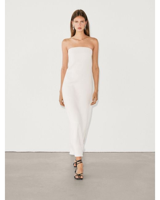 MASSIMO DUTTI White 100% Linen Strapless Midi Dress