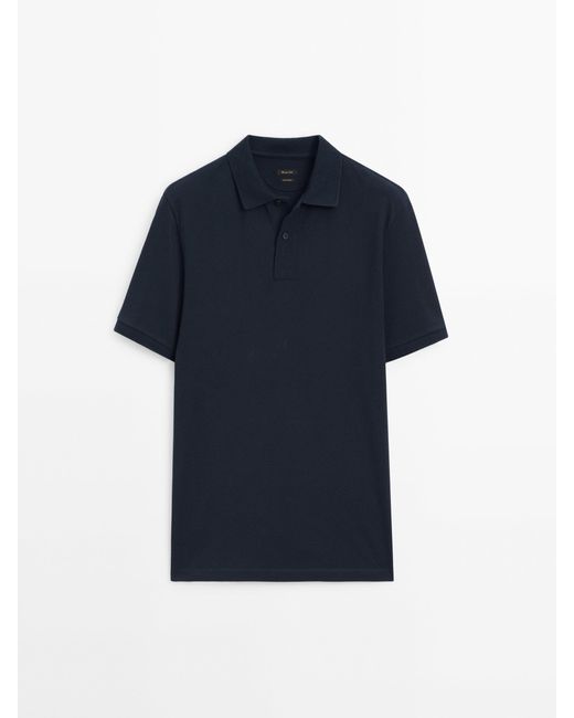 MASSIMO DUTTI Blue Microtextured Cotton Piqué Polo Shirt for men