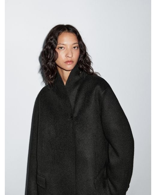 MASSIMO DUTTI Black Wool Blend High Neck Coat