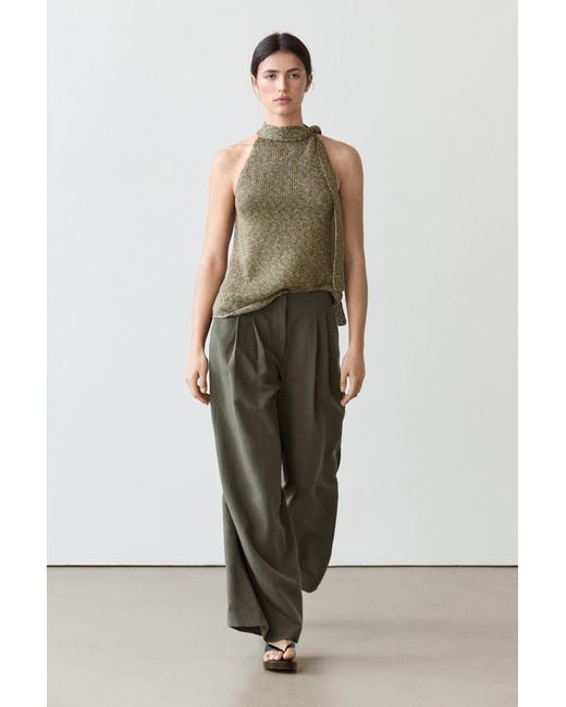 MASSIMO DUTTI Green Darted Wide-Leg Trousers