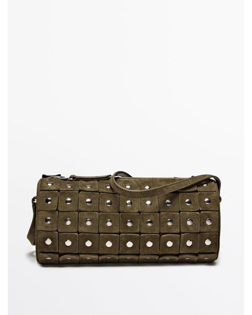 MASSIMO DUTTI Gray Studded Split Suede Barrel Bag