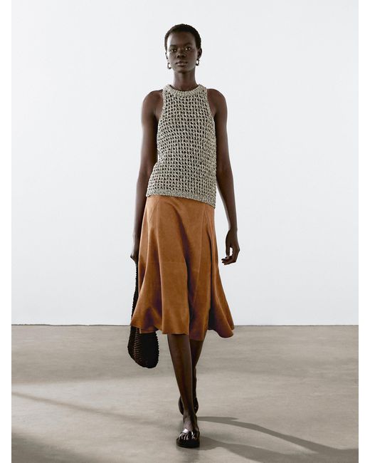 MASSIMO DUTTI Natural Suede Leather Flared Midi Skirt