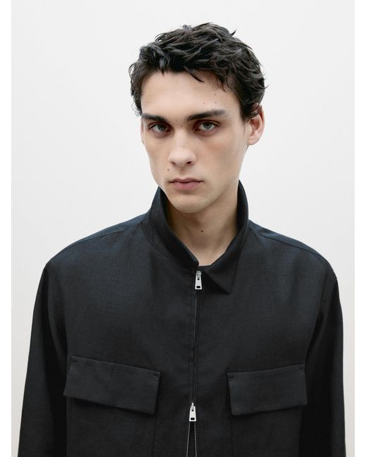 MASSIMO DUTTI Black Linen Zip-Up Overshirt With Pockets for men