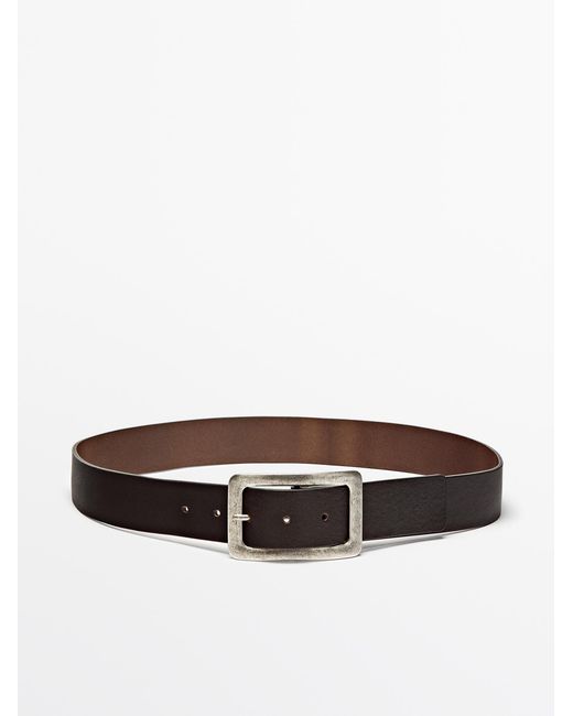 MASSIMO DUTTI White Nappa Leather Belt With Rectangular Buckle