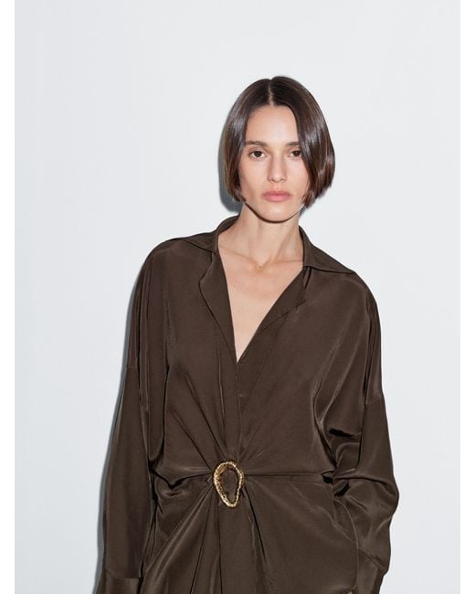 MASSIMO DUTTI Brown Long Shirt With Brooch Detail
