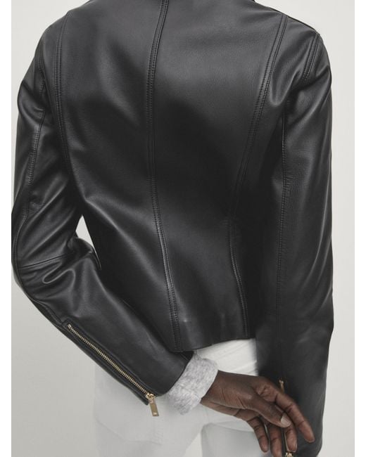 MASSIMO DUTTI Black Nappa Leather Biker Jacket