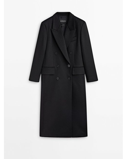 MASSIMO DUTTI Black Longline Double-Breasted Coat