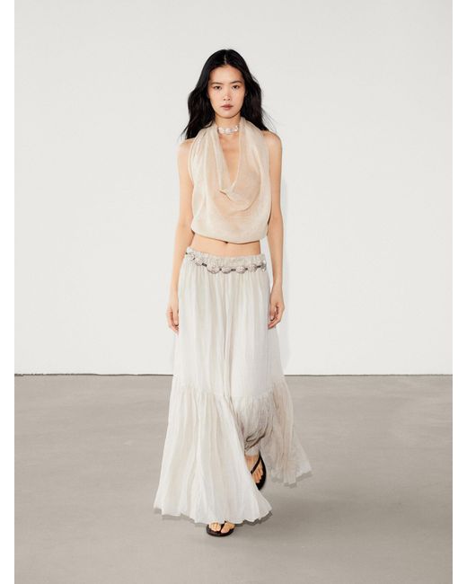 MASSIMO DUTTI Natural Pleated Ramie Blend Maxi Skirt