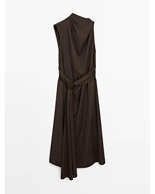MASSIMO DUTTI Brown Asymmetric Satin Dress With Tie Detail