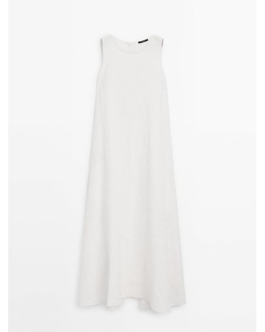 MASSIMO DUTTI White Flared Linen Midi Dress With Embroidery