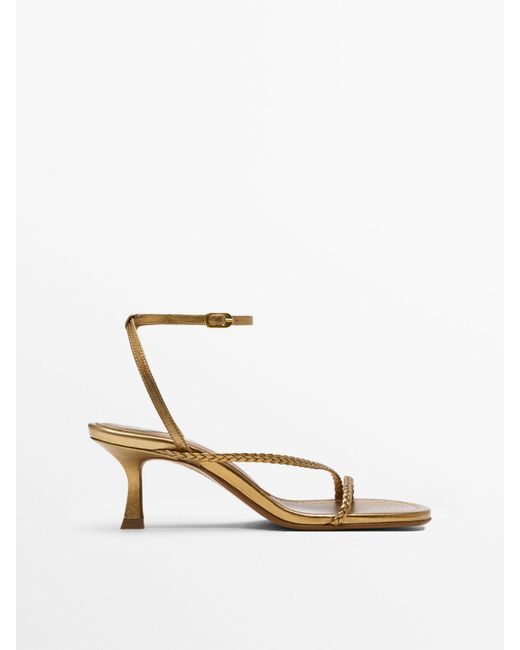 MASSIMO DUTTI Mid-heel Leather Sandals With Plaited Straps in Gold ...