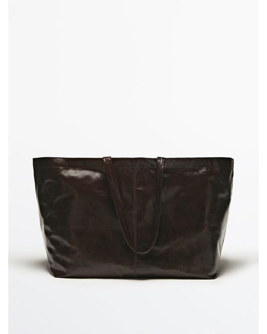 MASSIMO DUTTI Black Maxi Crackled Leather Tote Bag