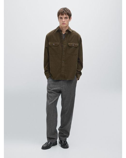 MASSIMO DUTTI Green Corduroy Overshirt With Pockets for men