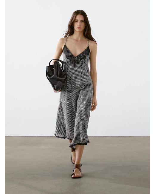 MASSIMO DUTTI Gray Gingham Lace Midi Dress