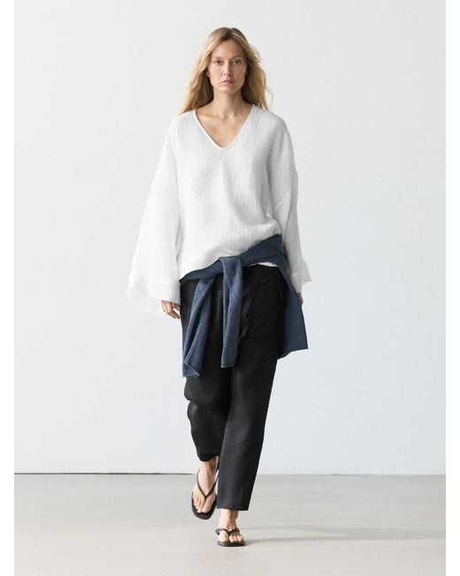 MASSIMO DUTTI White Flowing 100% Linen Waffle-Knit Blouse
