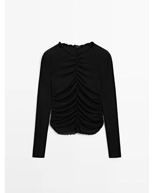 MASSIMO DUTTI Geplooid T-Shirt Met Lange Mouw in het Black