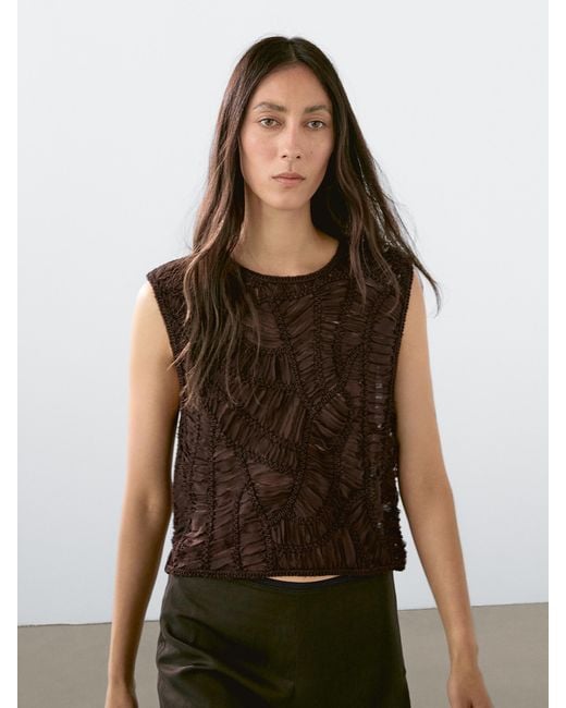 MASSIMO DUTTI Brown Openwork Crochet Top