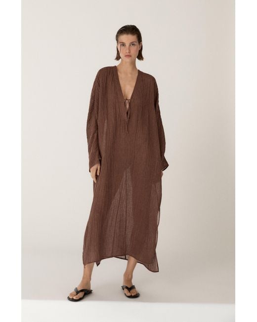 MASSIMO DUTTI Brown Linen Blend Kaftan Dress With Tie Neckline