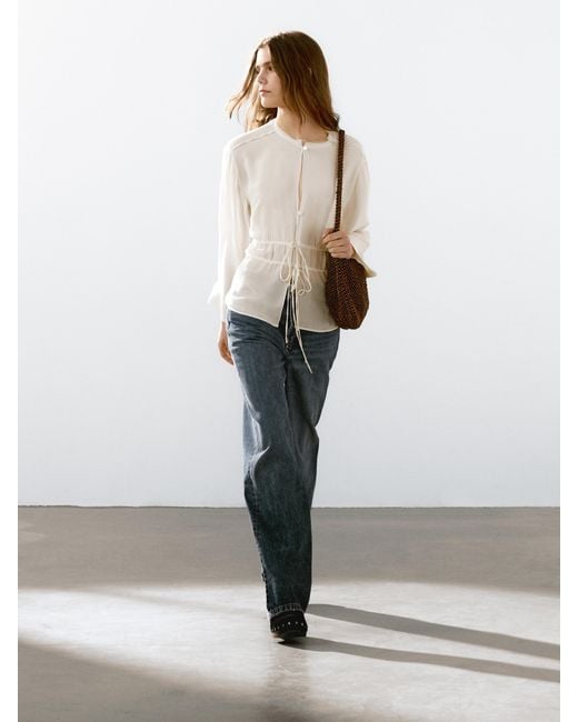 MASSIMO DUTTI White Flowing Semi-Sheer Blouse With Ties