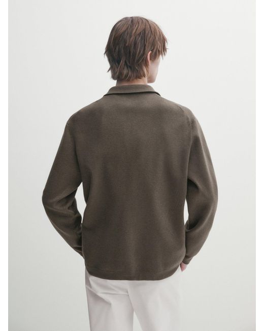 MASSIMO DUTTI Brown Knit Cardigan With Zip And Shirt Collar for men